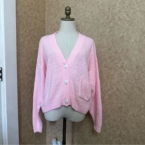 VTG 80s Retro Light Pink Chunky Knit Button Up Cardigan Sweater